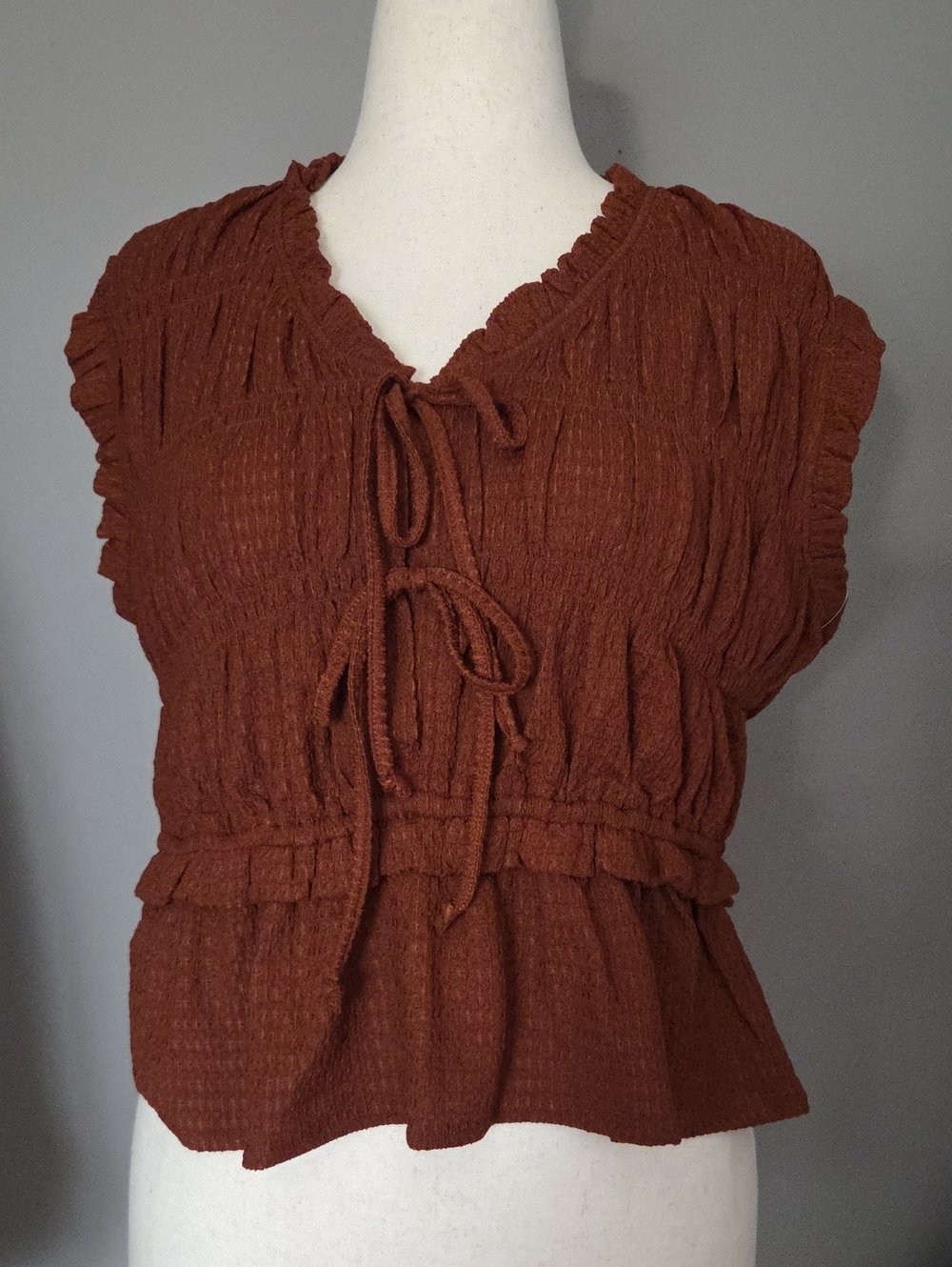 Time and Tru Rust Tie-Front Textured Peplum Top